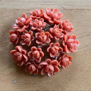 Faux Coral Carved Flowers Plastic Celluloid? Brooch